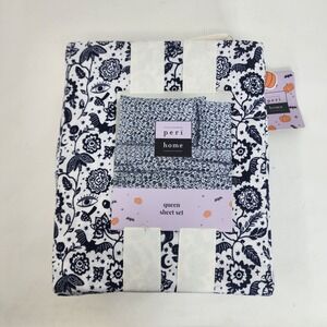 Peri Home Queen Sheet Set White Navy Gothic Skulls Bats Halloween Toile 4pc NEW